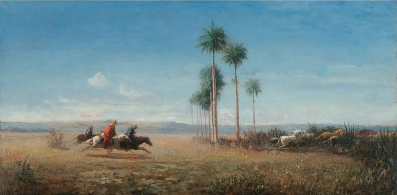 Tres jinetes y caballos galopando en una llanura (Venezuela) - Camille Pissarro