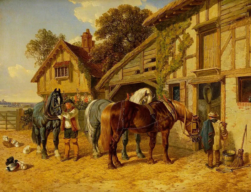 Tres caballos y patos en el establo - John Frederick Herring, Sr.