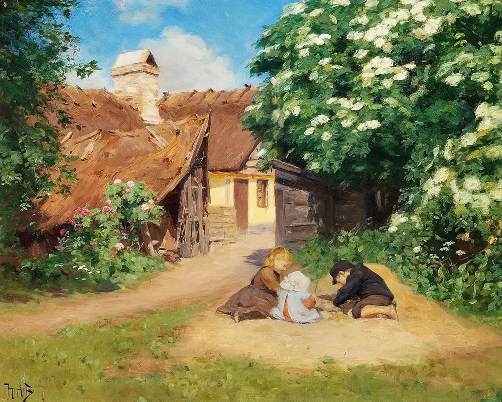 Trois enfants jouant près d'une ferme un jour d'été. - H. A. Brendekilde image 1 reproduction réalisée par Alpha Reproduction