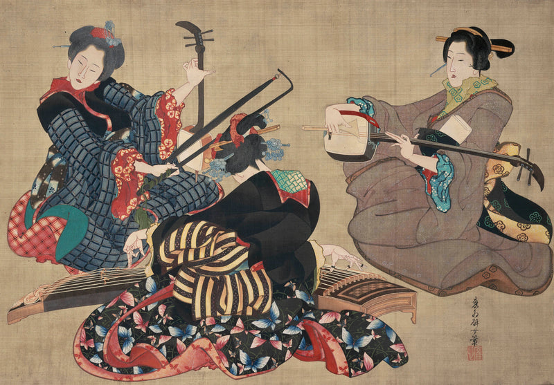 Trois femmes jouant de la musique - Katsushika Ōi
