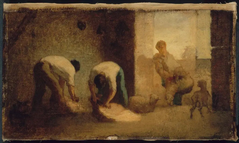 Tres hombres esquilan ovejas en un granero - Jean-François Millet