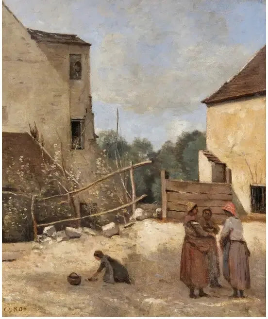 Tres campesinas conversando en un patio rústico - Jean-Baptiste Camille Corot