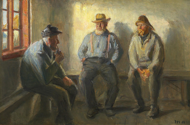 Tres pescadores en la tienda de Bründum. - Michael Peter Ancher