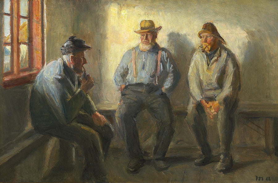 Tres pescadores en la tienda de Bründum. - Michael Peter Ancher