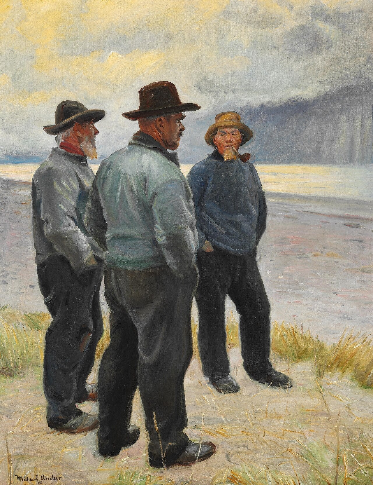 Trois pêcheurs sur la plage de Skagen. - Michael Peter Ancher image 1 reproduction artisanale de tableau