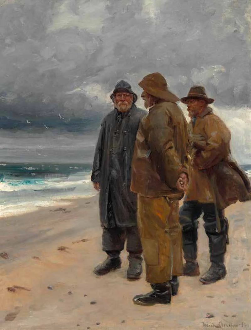 Tres pescadores en la playa de Skagen en un día nublado. -Michael Peter Ancher