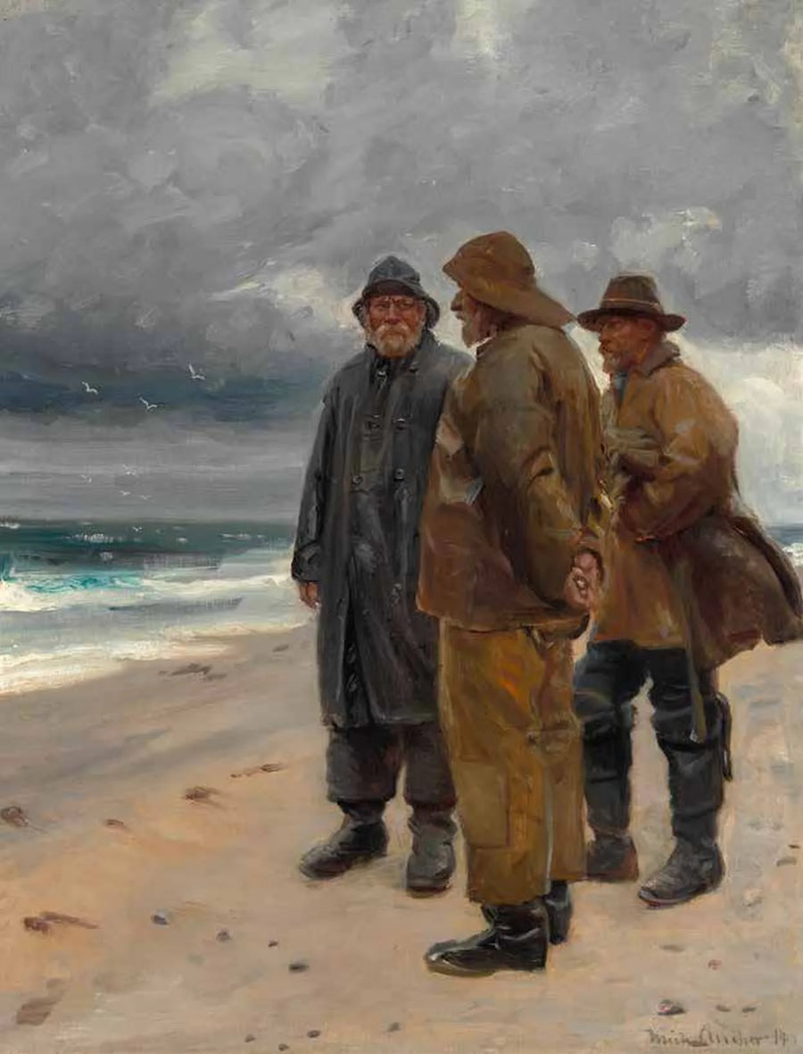 Tres pescadores en la playa de Skagen en un día nublado. -Michael Peter Ancher