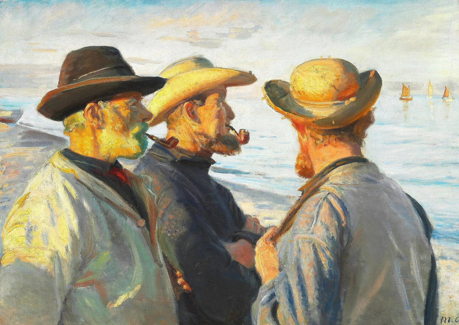 Tres pescadores en la playa de Skagen, bajo el sol poniente. - Michael Peter Ancher