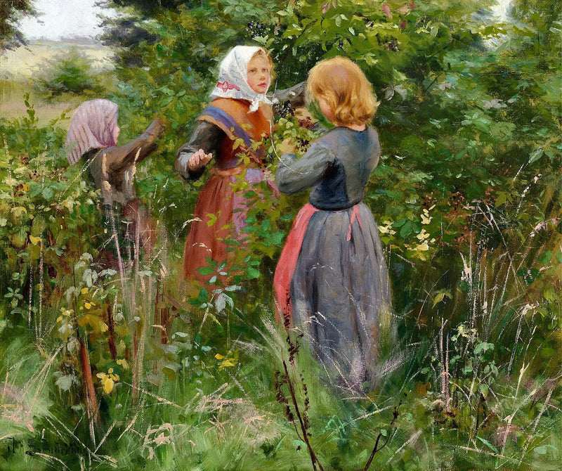 Tres pequeñas niñas recogiendo moras - H. A. Brendekilde