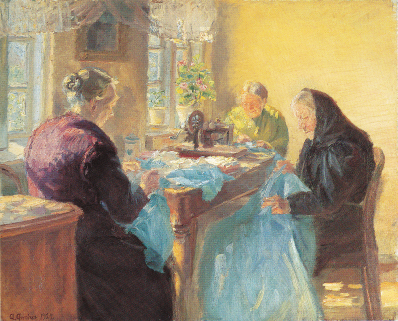 Tres ancianas están cosiendo un vestido azul para un baile de disfraces. - Anna Ancher