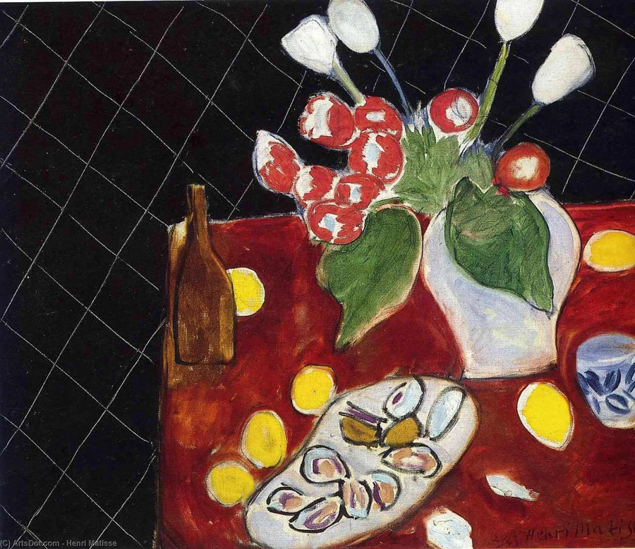 Tulipanes y ostras sobre fondo negro - Henri Matisse