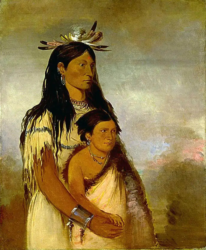 Túnk-aht-óh-ye, el Trueno, un niño, y Wun-pán-to-mee, la comadreja blanca, una niña - George Catlin