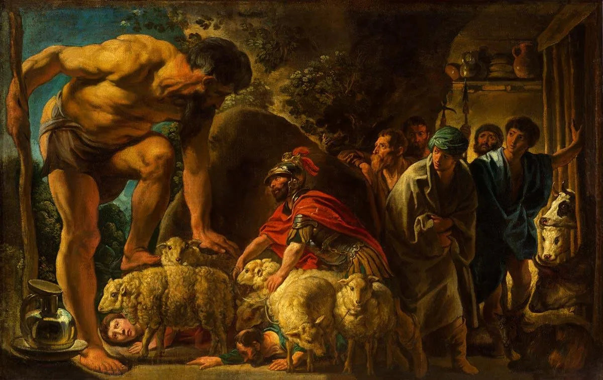 Ulysse et ses hommes s'éclipsent, dissimulés sous des béliers. - Jacob Jordaens image 1 reproduction d’œuvre d’art à l’huile