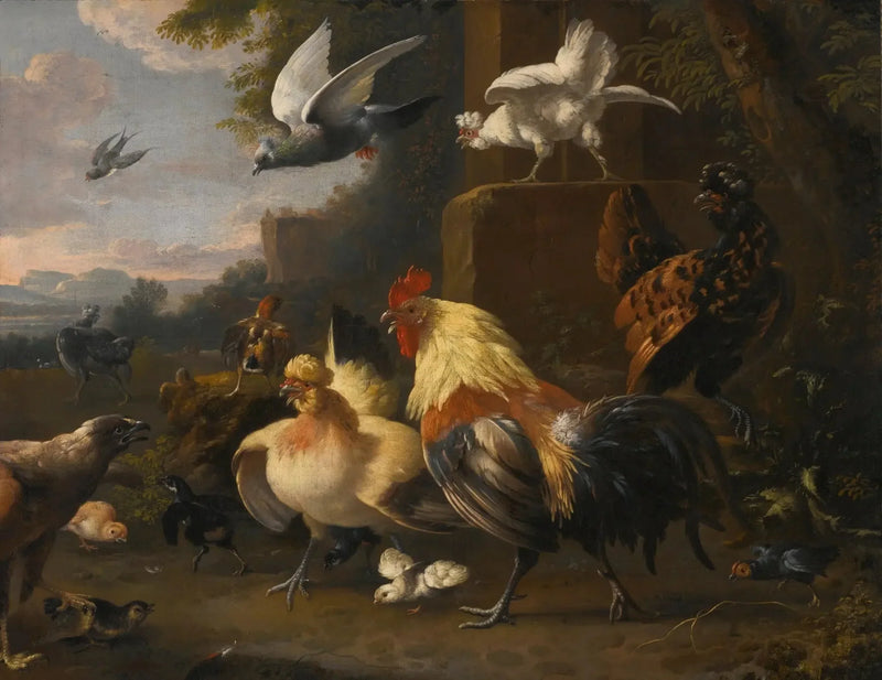 Un águila frente a un joven gallo, gallinas, palomas en vuelo y otros pájaros - Melchior de Hondecoeter