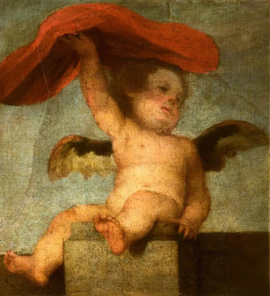 Un ángel-niño sosteniendo algo rojo: un fragmento - Bartolomé Esteban Murillo