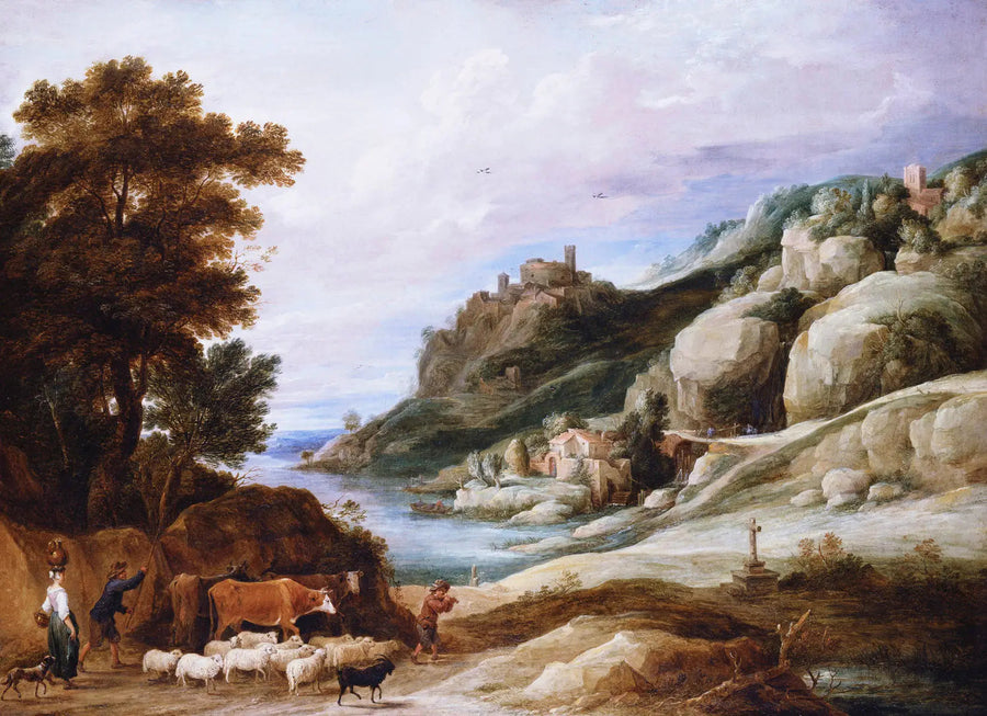 Un pastor con su rebaño en un paisaje montañoso - David Teniers el Joven