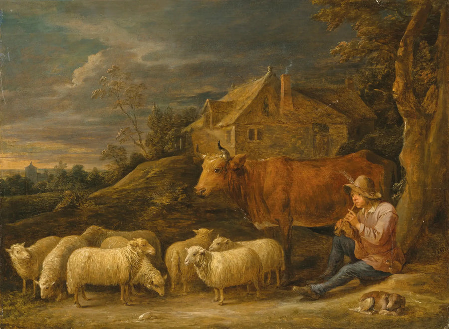 Un pastor tocando la flauta a su rebaño - David Teniers el Joven