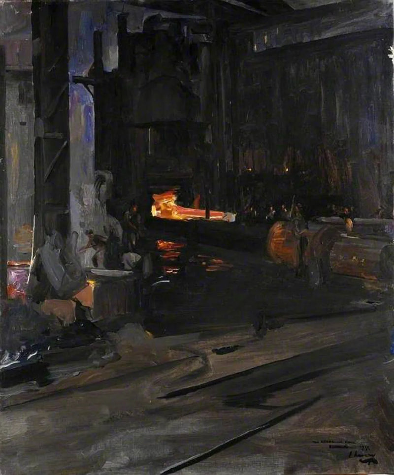 Un cañón naval en la prensa hidráulica: Elswick Works, Newcastle upon Tyne - John Lavery