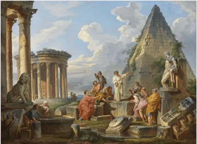 Un Capriccio con San Pablo predicando a los Romanos, con el templo de Vesta y la pirámide de Cayo Cestio - Giovanni Paolo Panini