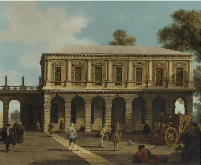 Un Capricho de las cárceles de San Marco situado en una plaza con un carruaje y habitantes de la ciudad - Canaletto