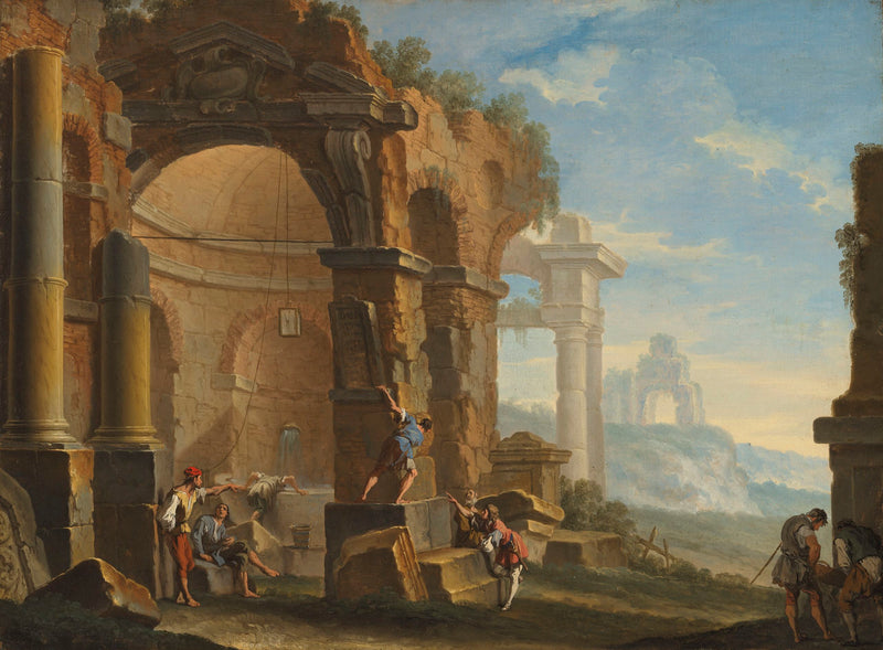 Un capricho con personajes conversando cerca de ruinas clásicas - Sebastiano Ricci
