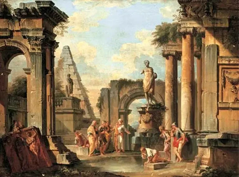 Un capricho de ruinas clásicas con Diógenes arrojando su copa. - Giovanni Paolo Panini