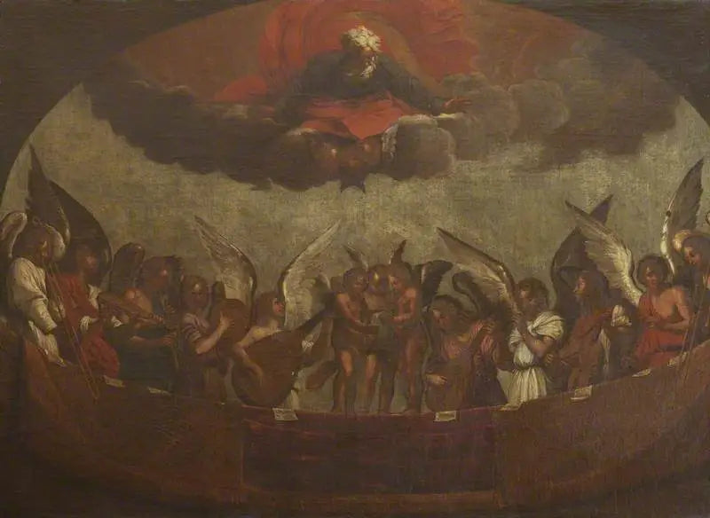 Un coro de ángeles cantando y tocando instrumentos musicales con Dios Padre arriba - Guido Reni