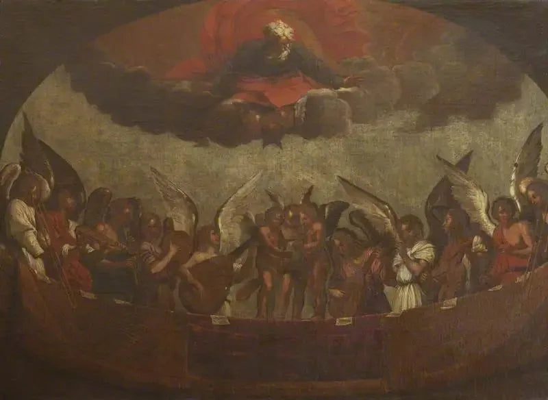 Un coro de ángeles cantando y tocando instrumentos musicales con Dios Padre arriba - Guido Reni