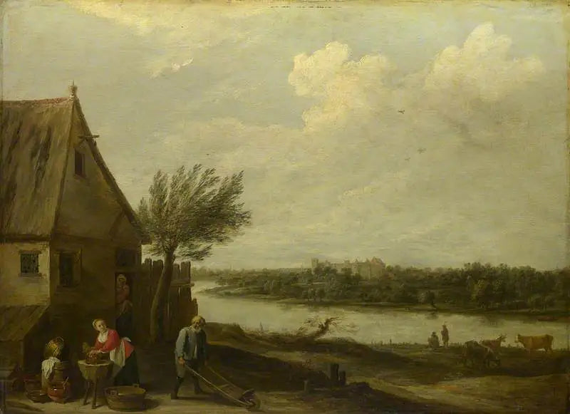 Una casa de campo junto a un río con una vista lejana de un castillo - David Teniers el Joven