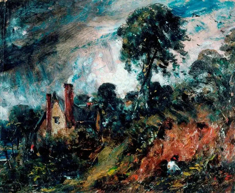 Una casa entre los árboles con una playa de arena - John Constable
