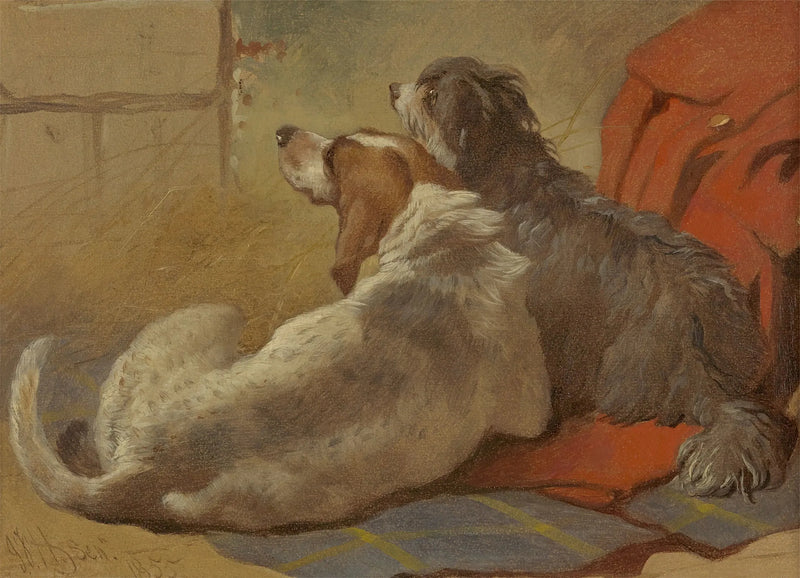 Un perro de caza y un collie barbudo sentados sobre un abrigo de caza - John Frederick Herring, Sr.