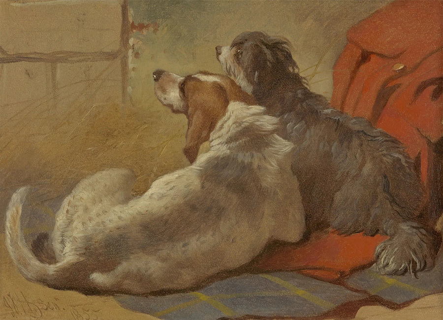 Un perro de caza y un collie barbudo sentados sobre un abrigo de caza - John Frederick Herring, Sr.