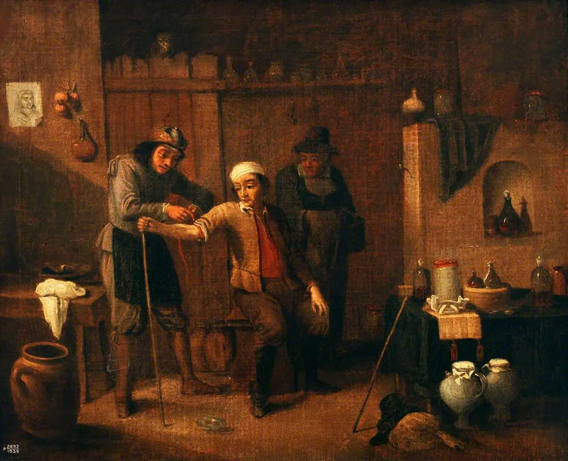 Un cirujano atando un torniquete alrededor del brazo de un hombre - David Teniers el Joven