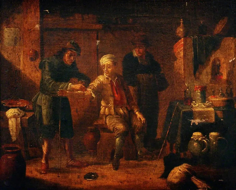 Un cirujano extrae sangre del brazo de un hombre - David Teniers el Joven