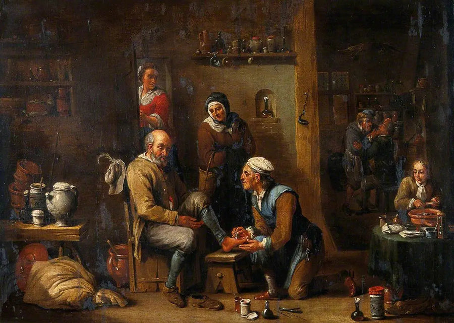 Un cirujano atendiendo el pie de un hombre - David Teniers el Joven