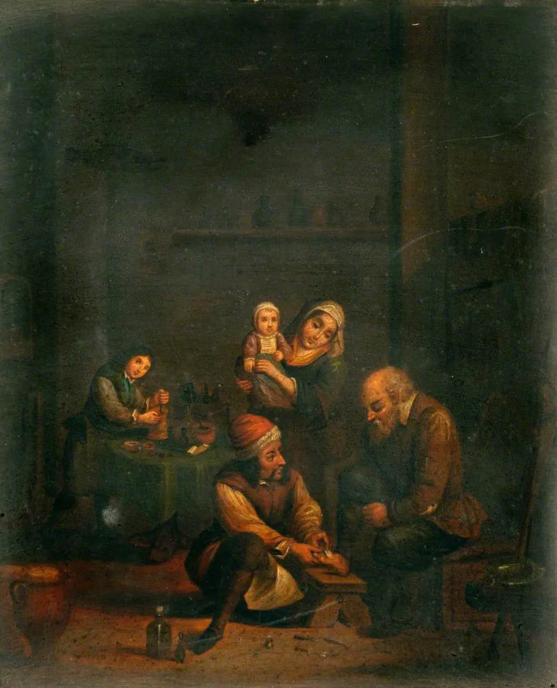 Un cirujano atendiendo el pie de un hombre y otros tres personajes - David Teniers el Joven