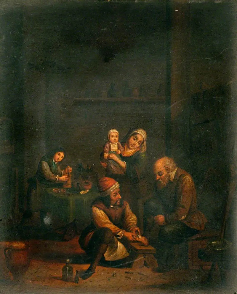 Un cirujano atendiendo el pie de un hombre y otros tres personajes - David Teniers el Joven