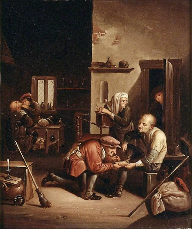 Un cirujano atendiendo el pie de un paciente y un barbero afeitando a un hombre - David Teniers el Joven