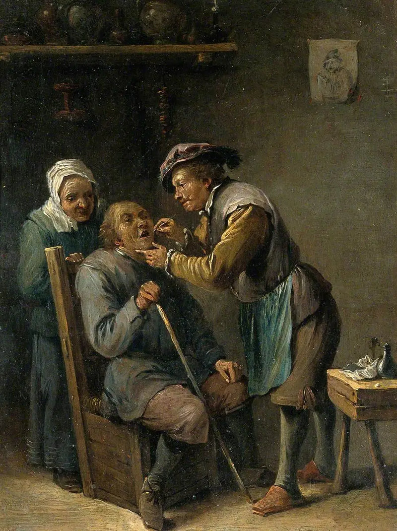 Un cirujano atendiendo los dientes de un hombre sentado - David Teniers el Joven