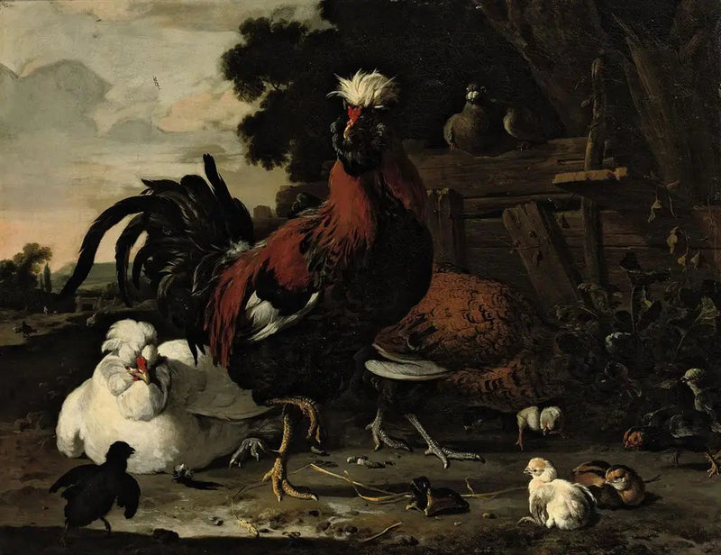 Un gallo, gallinas, pollitos y una paloma cerca de una cerca de madera en un paisaje - Melchior de Hondecoeter