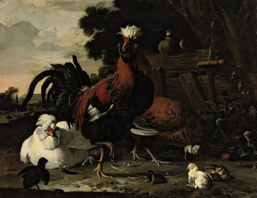 Un gallo, gallinas, pollitos y una paloma cerca de una cerca de madera en un paisaje - Melchior de Hondecoeter