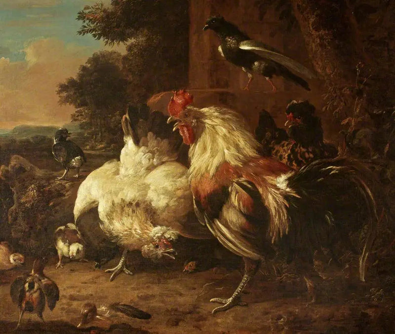 Un gallo y dos gallinas, con pollitos, en un paisaje - Melchior de Hondecoeter