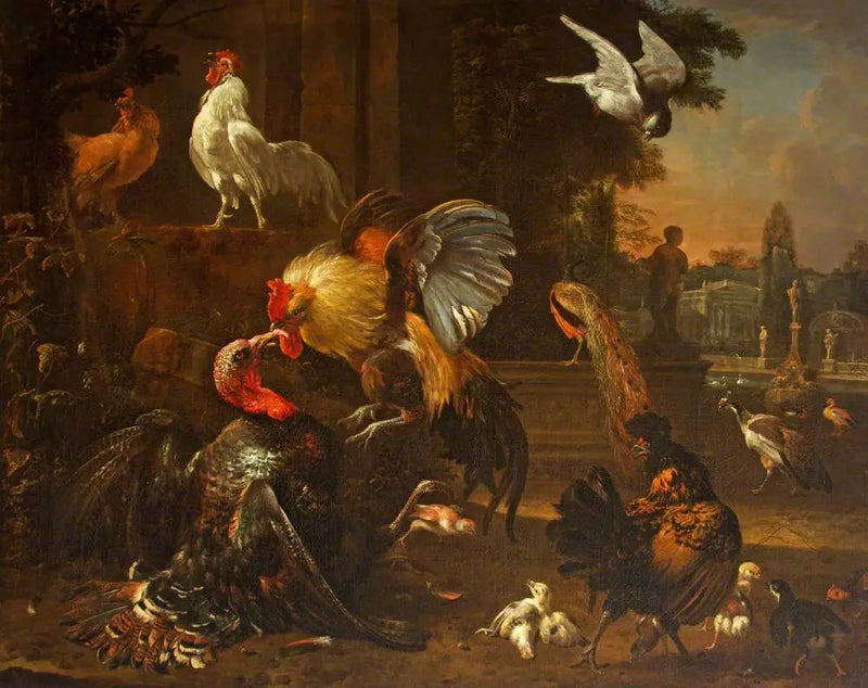 Un gallo y una gallina se pelean, en un parque, con otras aves de corral - Melchior de Hondecoeter