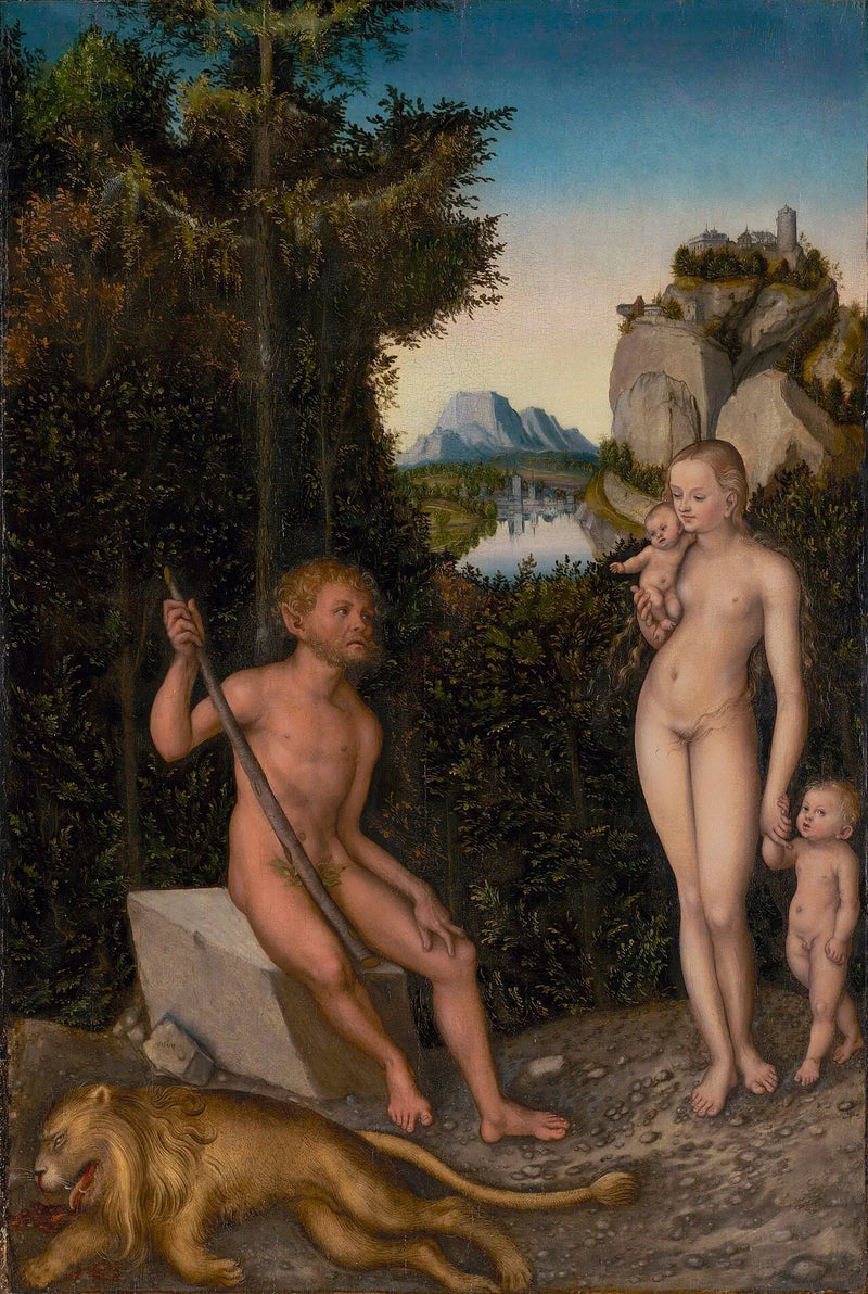 Una fauna y su familia con un león muerto - Lucas Cranach el Viejo