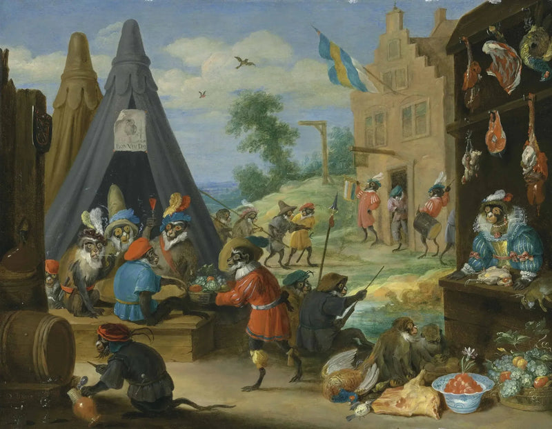 Un festival de monos (monos disfrazados de soldados en un campamento cerca de una ciudad) - David Teniers el Joven