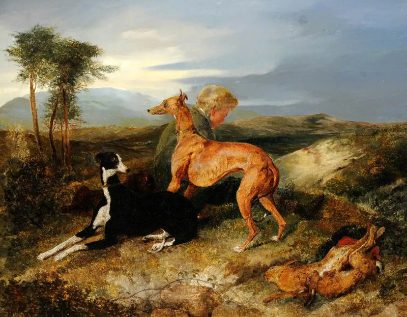 Un niño y dos galgos en descanso - Edwin Henry Landseer