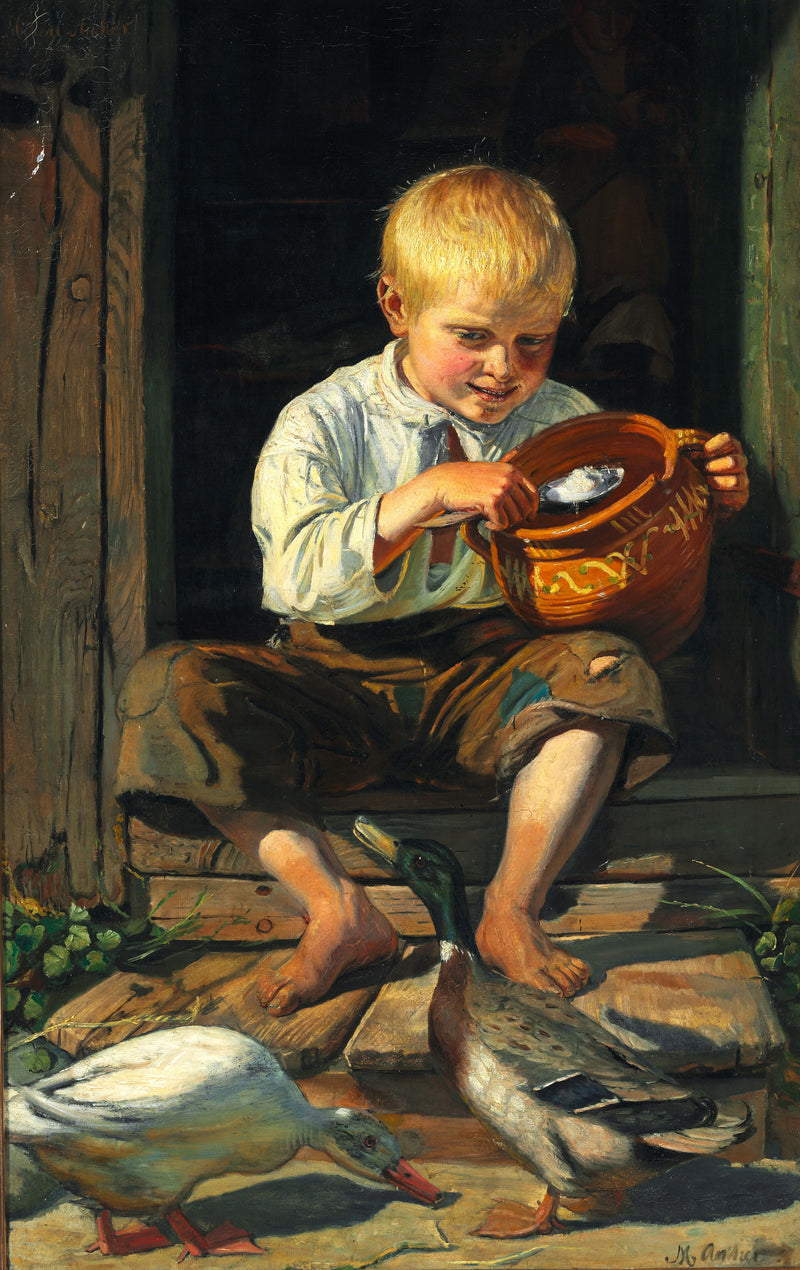 Un niño que alimenta a los patos - Michael Peter Ancher