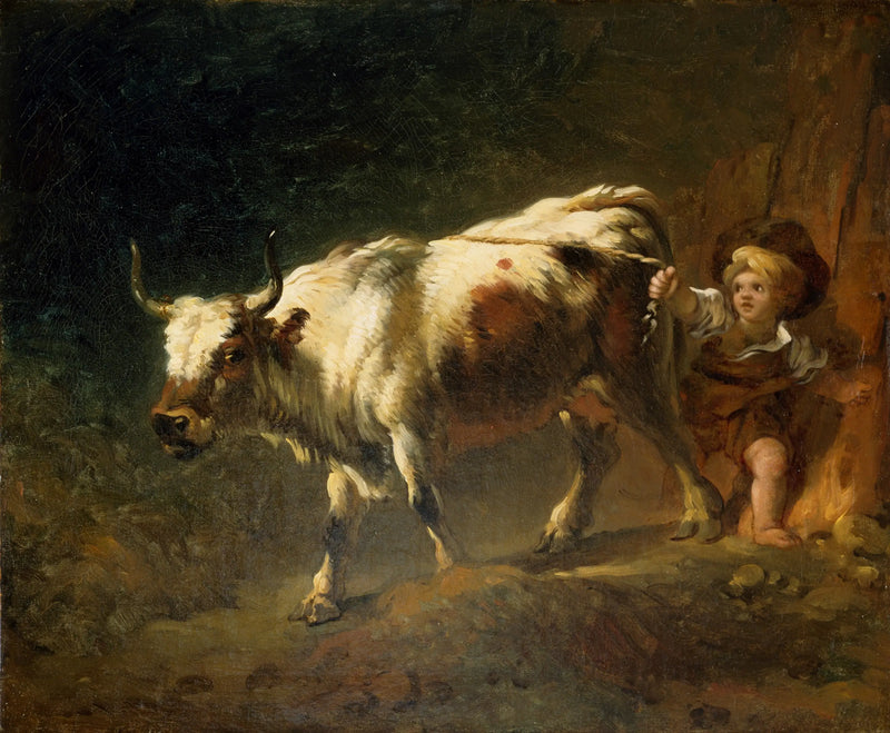 Un niño intenta sujetar una vaca con una cuerda - Jean-Honoré Fragonard