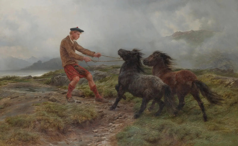 Un ghillie y dos ponis Shetland en un paisaje brumoso - Rosa Bonheur