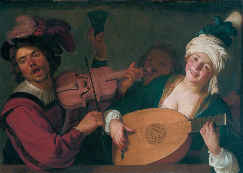 Un grupo alegre detrás de una balaustrada con un violín y un laúdista - Gerrit van Honthorst